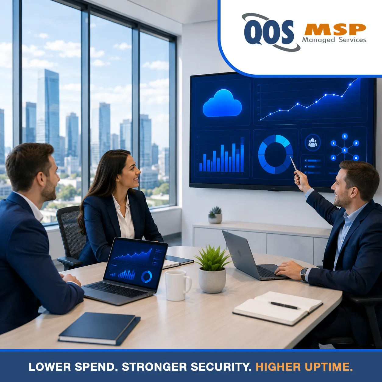 Business leaders reviewing Google Cloud results - lower spend, stronger security, higher uptime with QOS MSP management