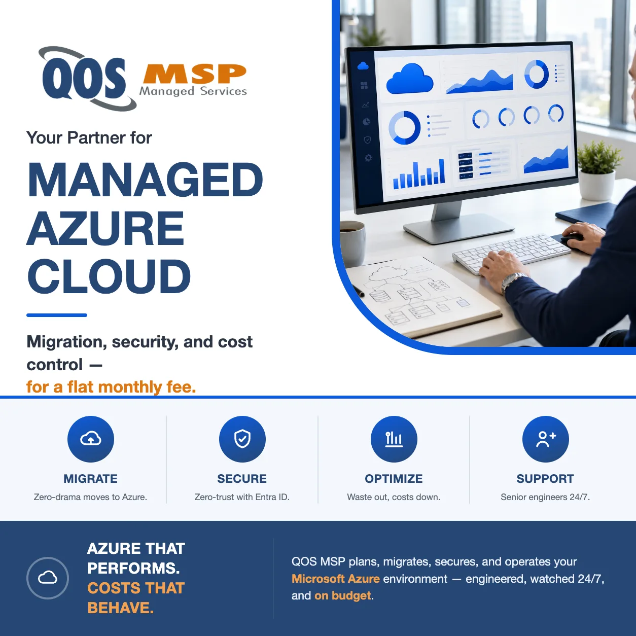 QOS MSP managed Azure cloud flyer — migration, security, and cost control for a flat monthly fee