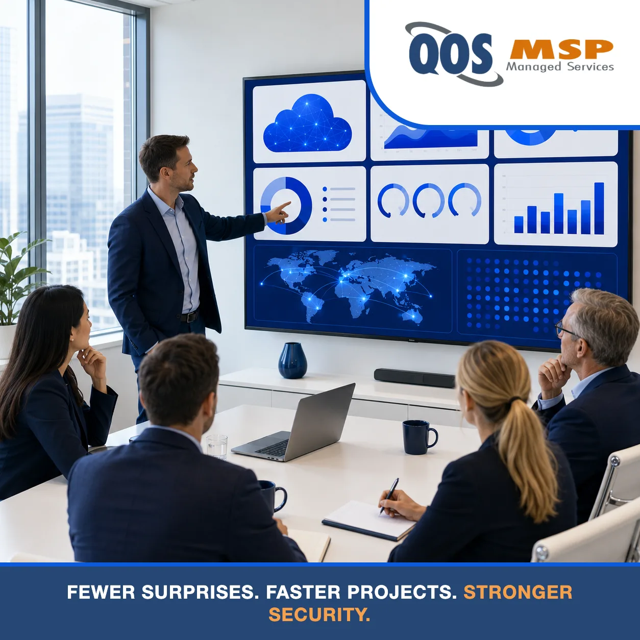 Executives reviewing Azure management dashboards in a bright conference room