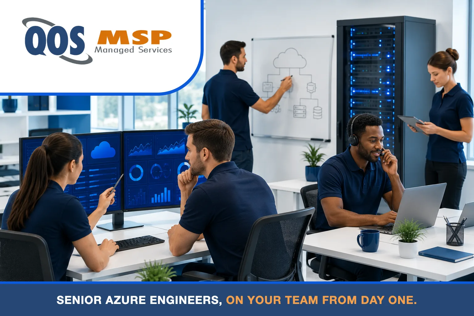 QOS MSP engineers supporting Azure environments — help desk, whiteboard planning, and monitoring