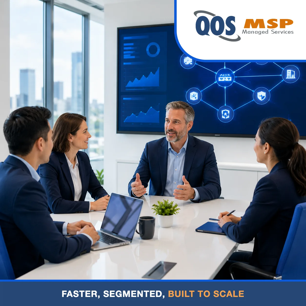 Executives reviewing network performance dashboards in a bright conference room — benefits of a professionally designed network.