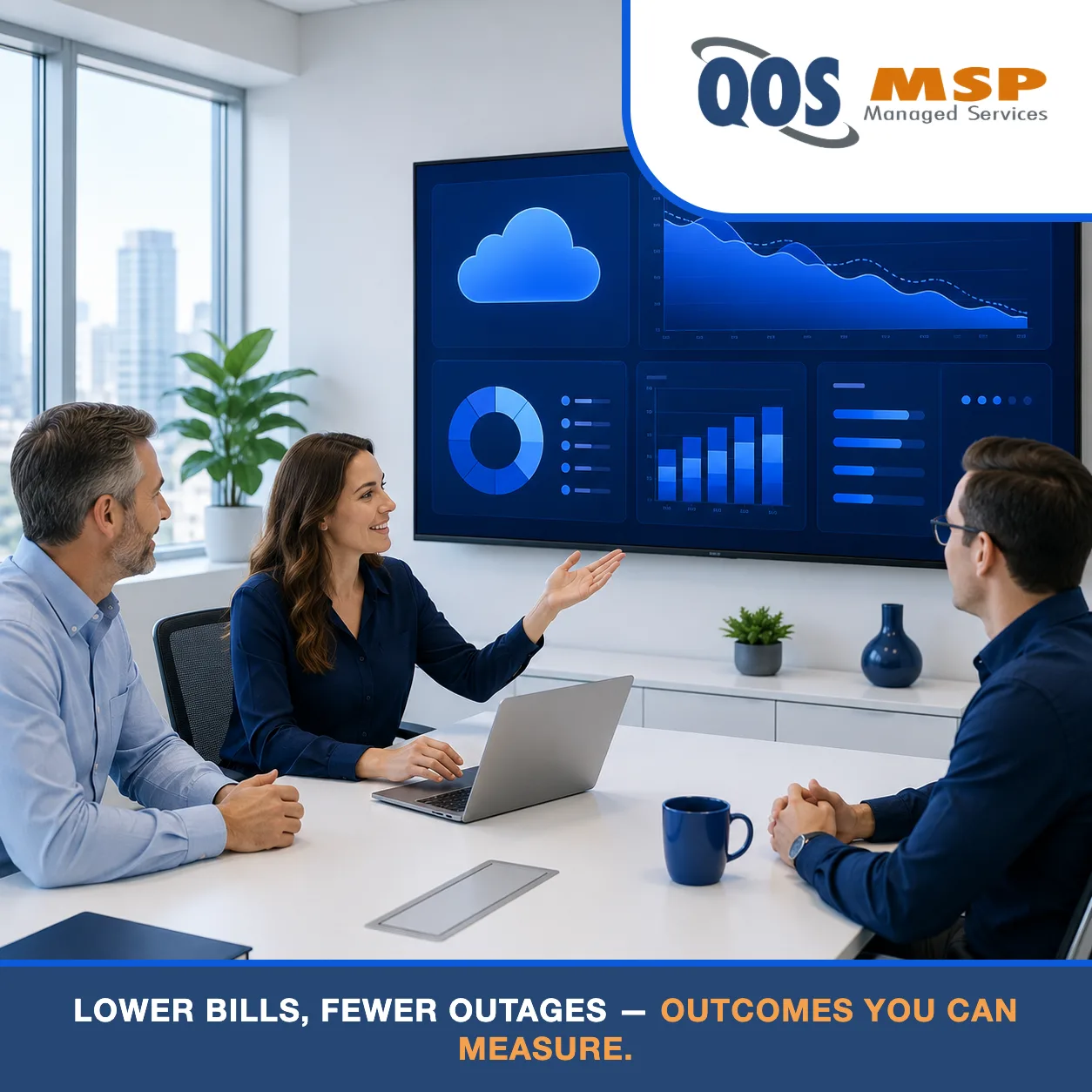 Executives reviewing AWS cost dashboards with a downward-trending spend curve in a bright conference room