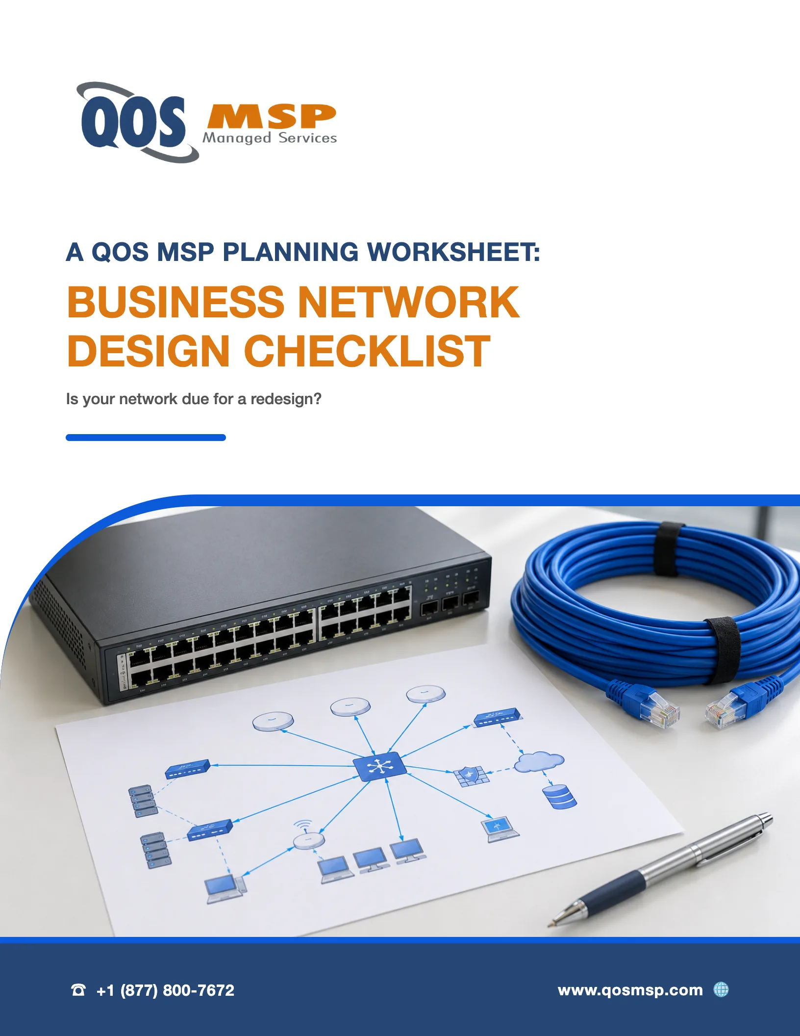Cover of the Business Network Design Checklist — a planning worksheet from QOS MSP for evaluating a network redesign.