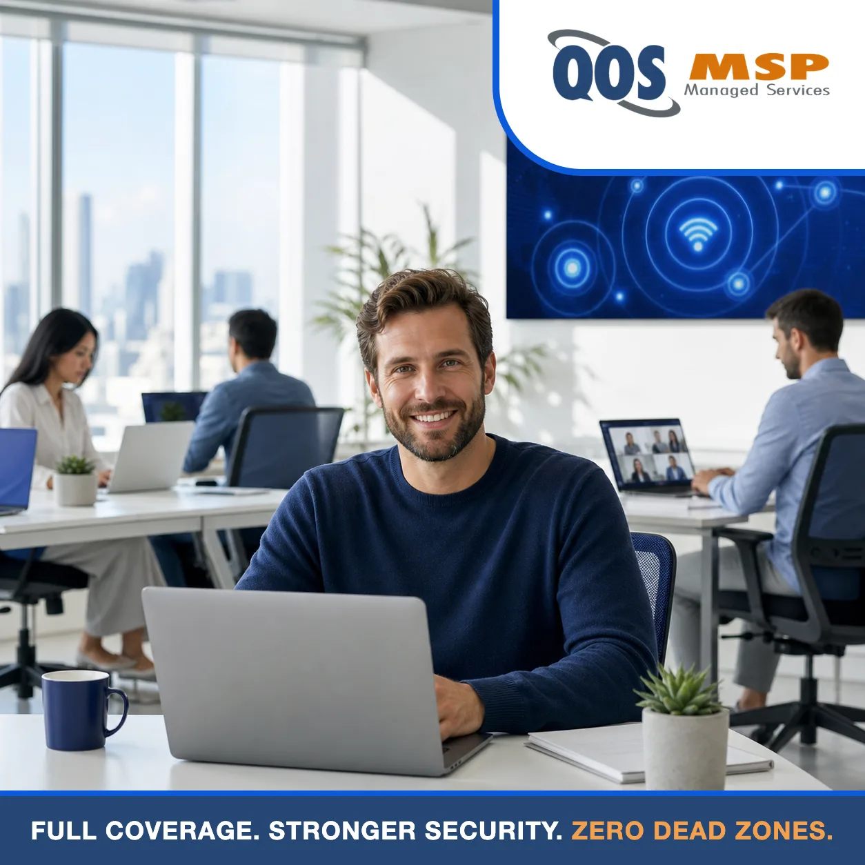 Team working on fast, reliable business Wi-Fi across a bright open office