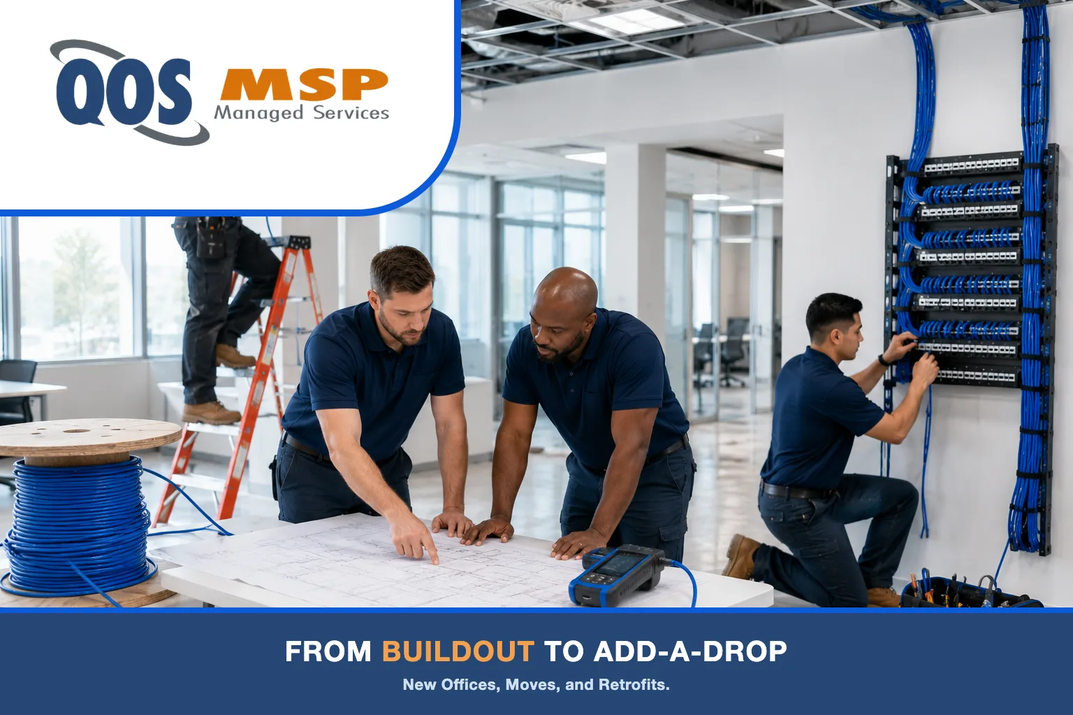 Cabling crew running new cable in an office buildout — pulling runs through a ceiling pathway and terminating a patch panel.