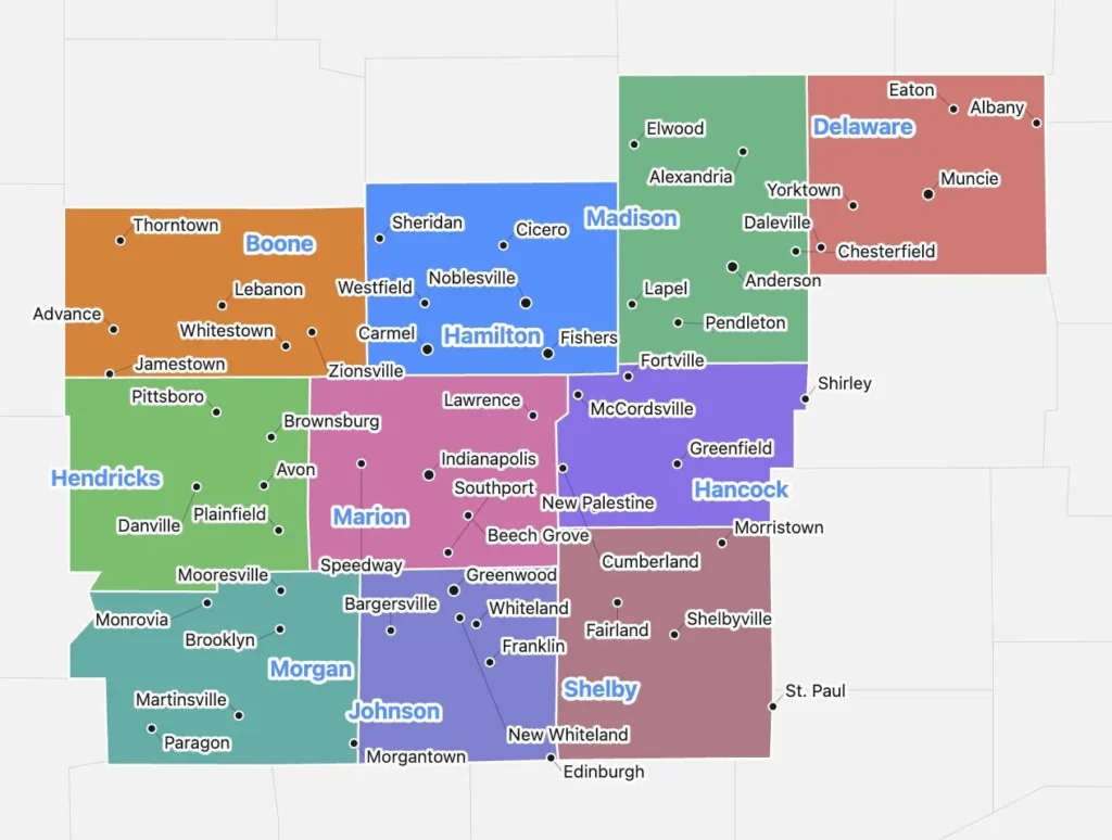 Map of the 10 central Indiana counties QOS MSP serves — Marion, Hamilton, Boone, Hendricks, Johnson, Hancock, Morgan, Shelby, Madison, and Delaware around the Indianapolis metro