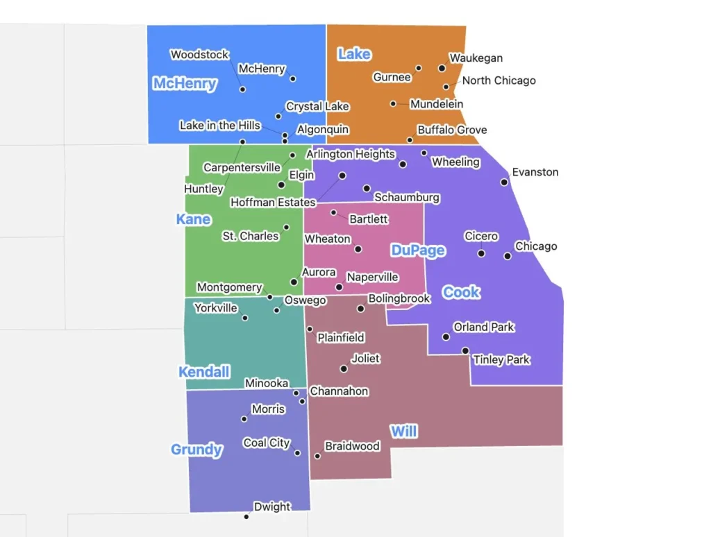 Map of the 8 Chicago-area counties QOS MSP serves - Cook, DuPage, Lake, Kane, McHenry, Will, Kendall, and Grundy around the Chicago metro