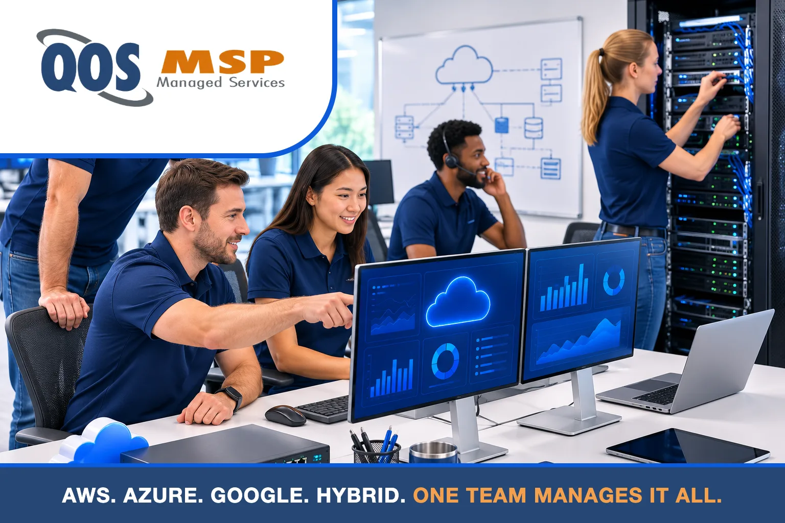 QOS MSP team managing AWS, Azure, and Google Cloud environments