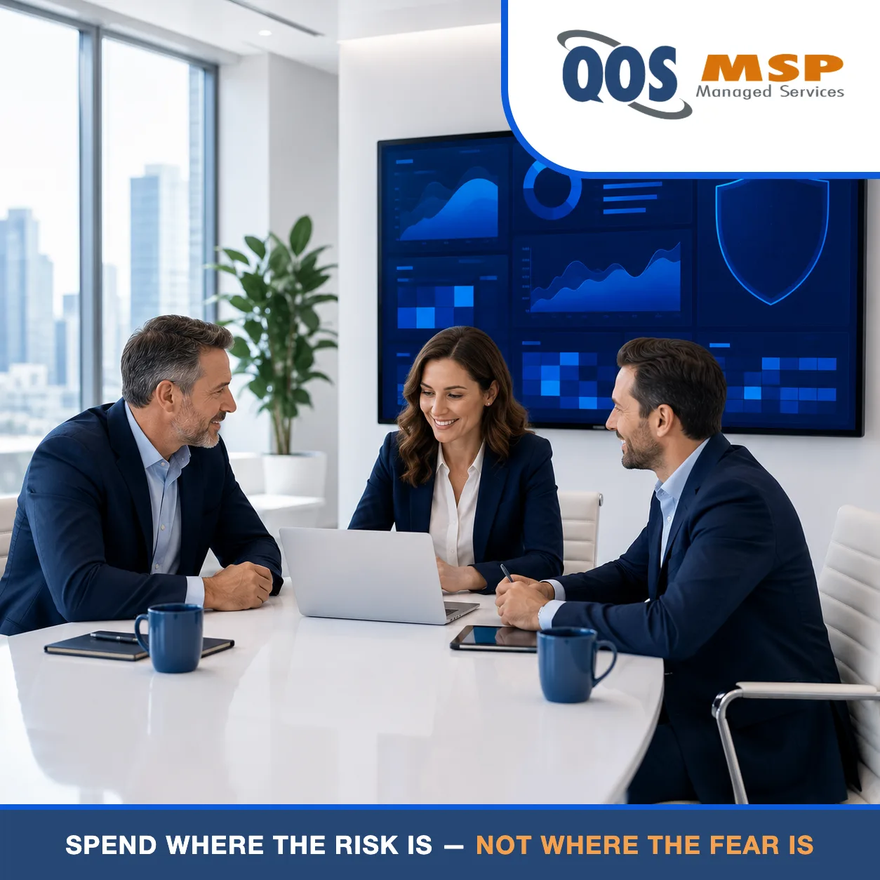 Executives reviewing cyber risk assessment results in a bright conference room