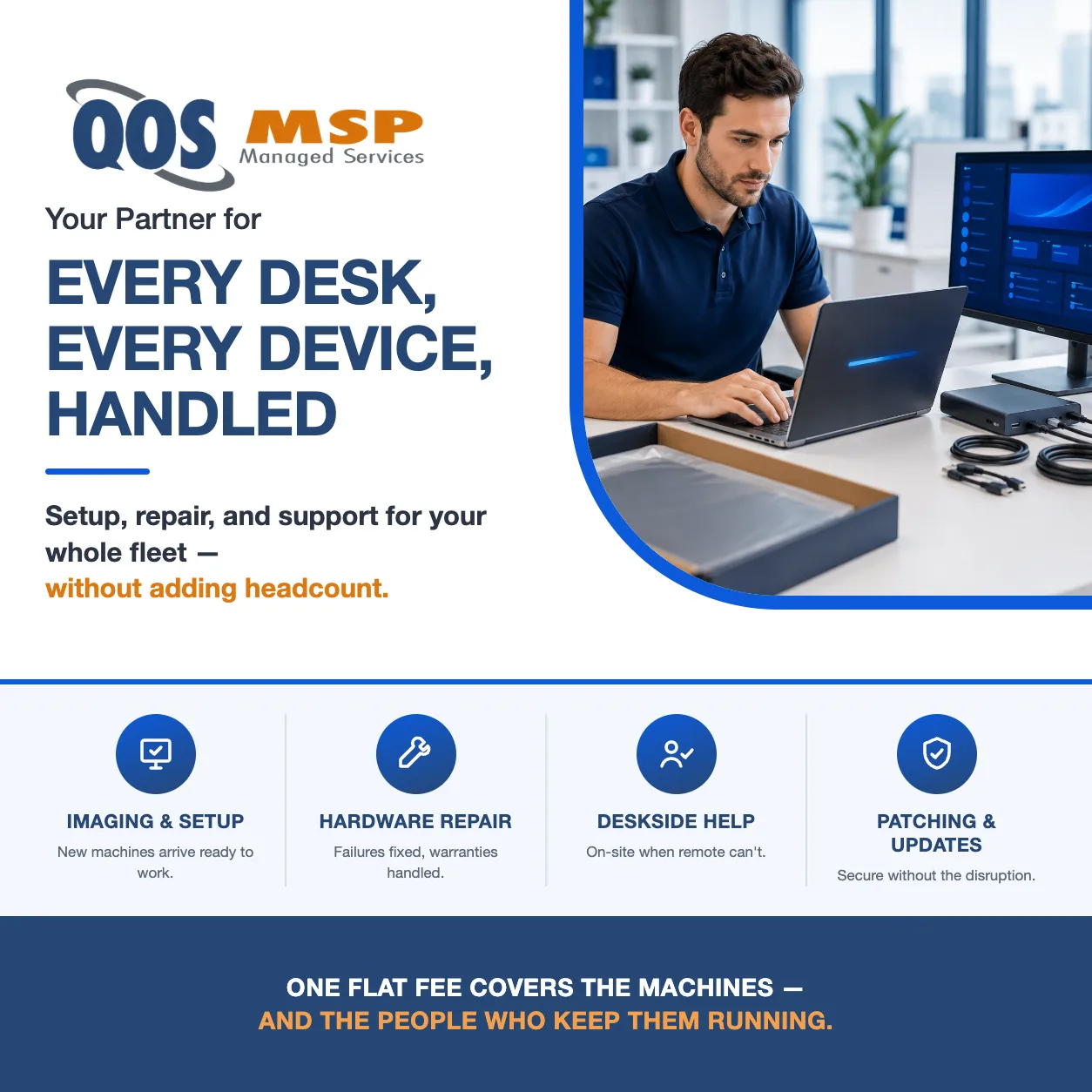 Technician imaging a new laptop at a desk with a device-management dashboard on a second monitor