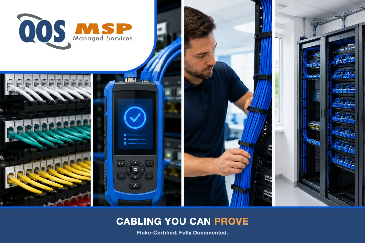 Four-panel grid — labeled patch panel, cable certification tester, technician dressing cable, and a tidy cabling closet by QOS MSP.