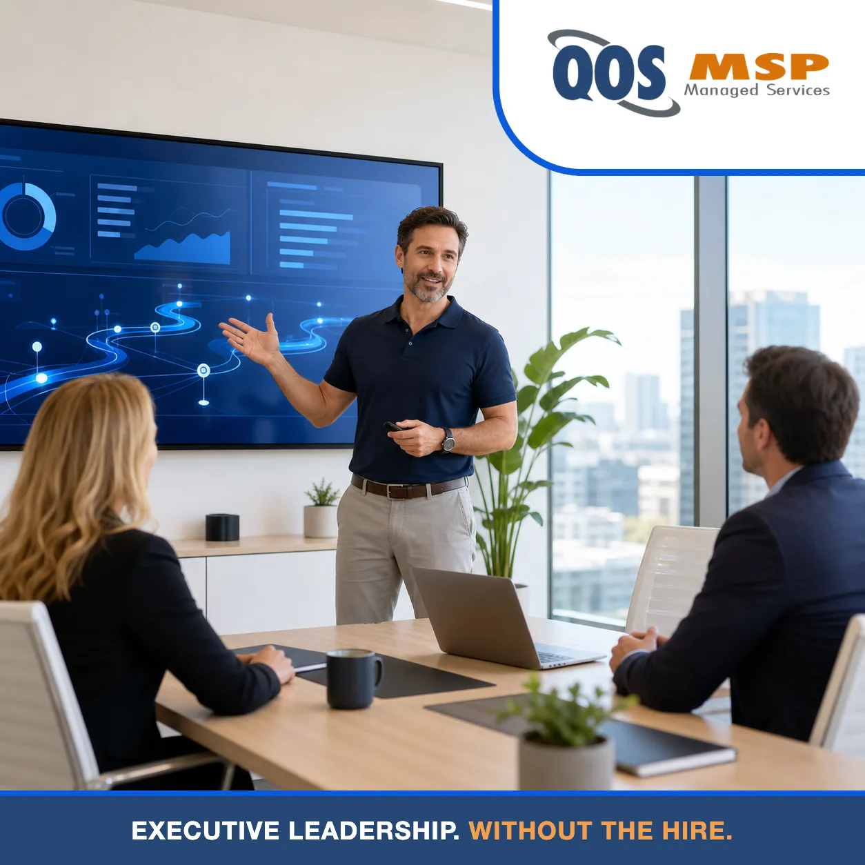 Technology leader presenting a roadmap to business executives, showing the benefits of a fractional CTO.
