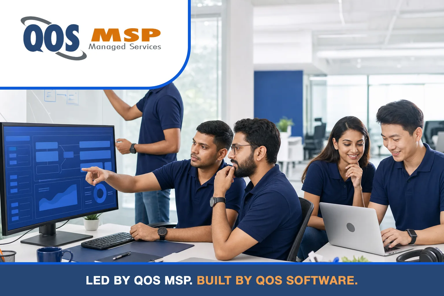 Software development team collaborating on delivery under fractional CTO leadership, delivered through QOS Software.