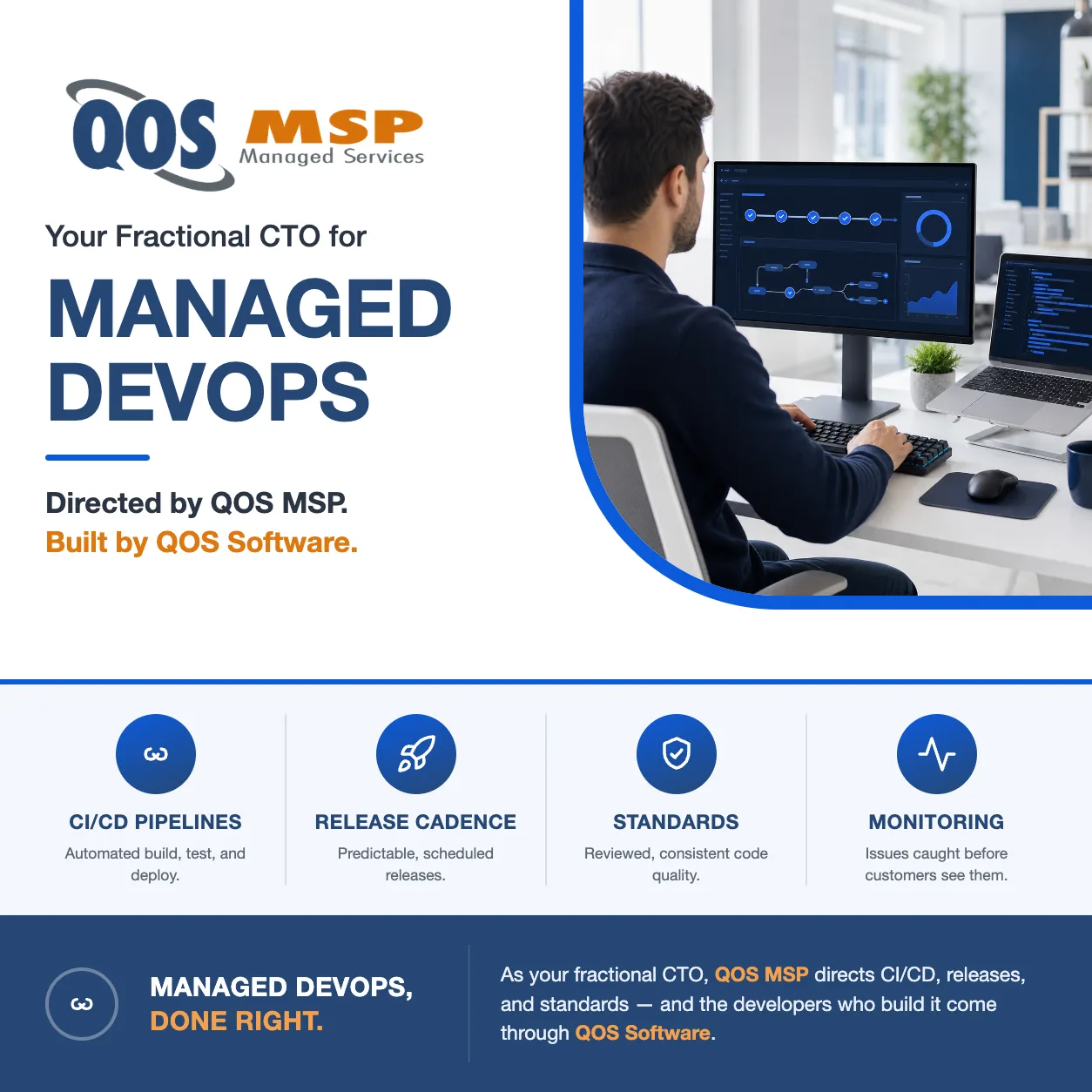 Developer's desk showing a CI/CD pipeline dashboard, illustrating managed DevOps directed by a fractional CTO.