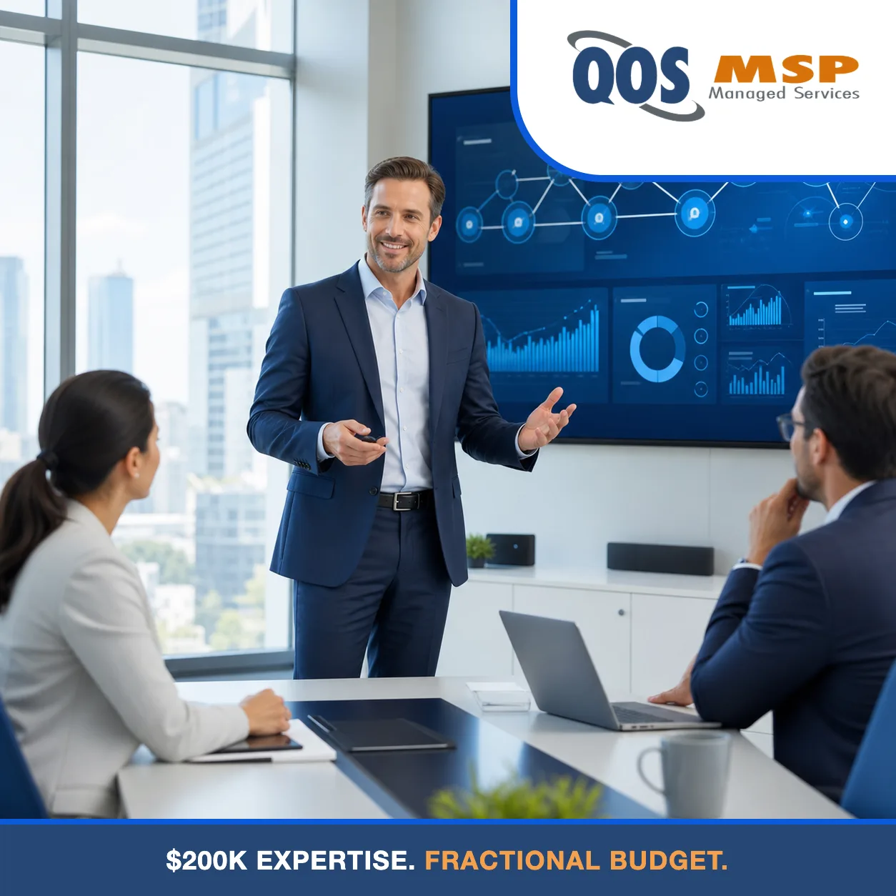 Executive technology review at a conference table with abstract blue roadmap dashboards on a wall display