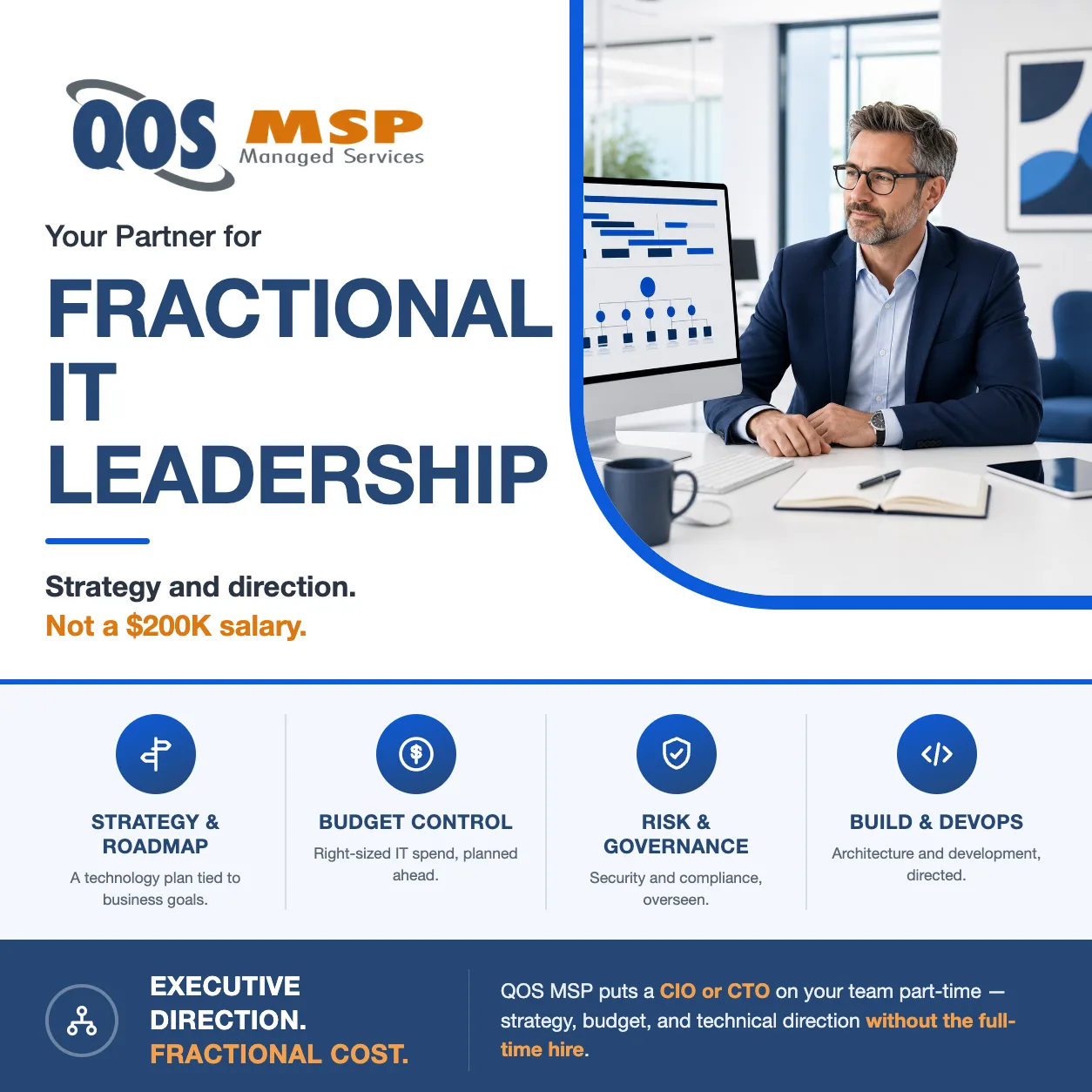 Fractional IT leader reviewing a technology roadmap dashboard at a bright office desk
