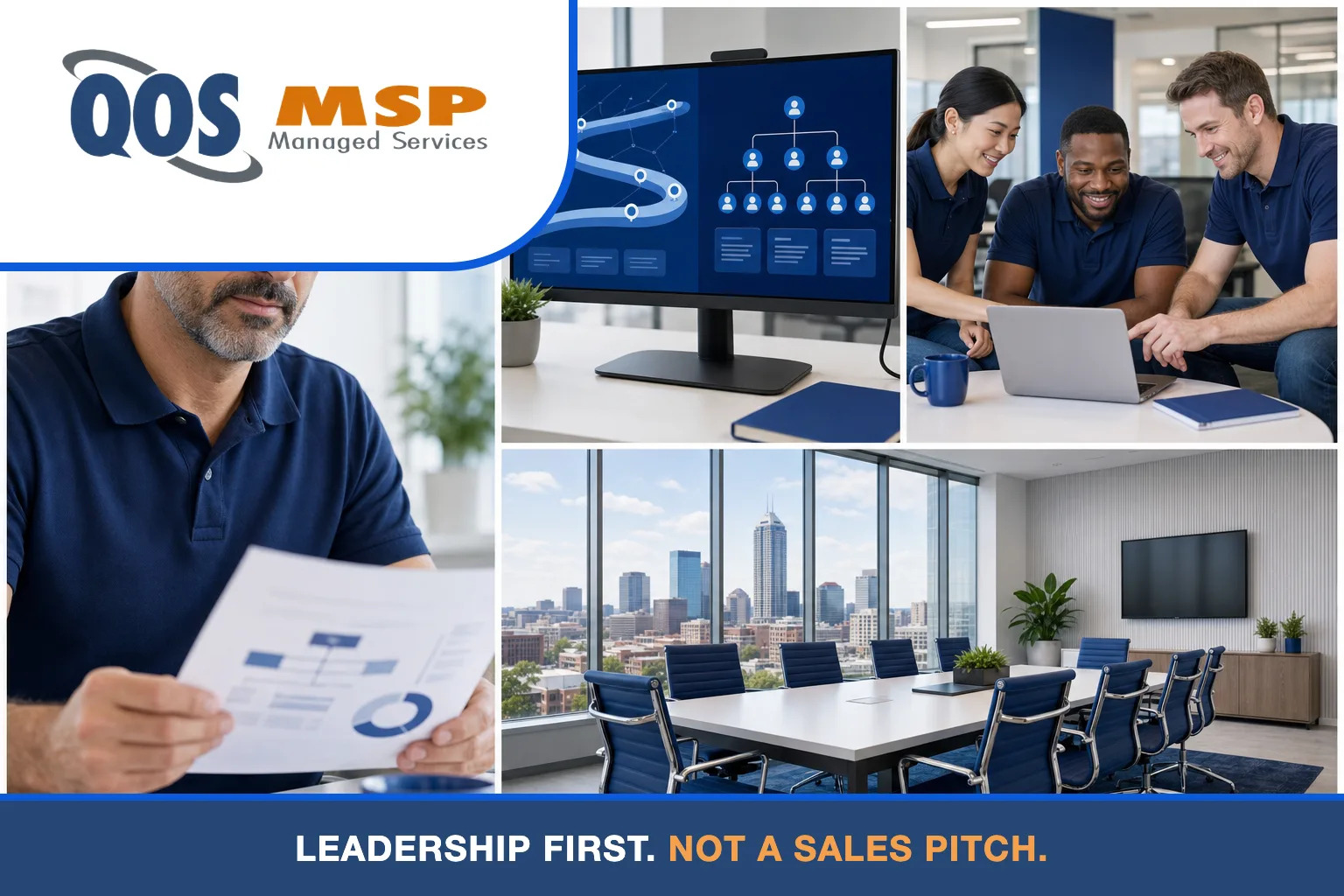Four-panel grid of a QOS technology advisor, a roadmap dashboard, a team in navy polos, and an Indianapolis office