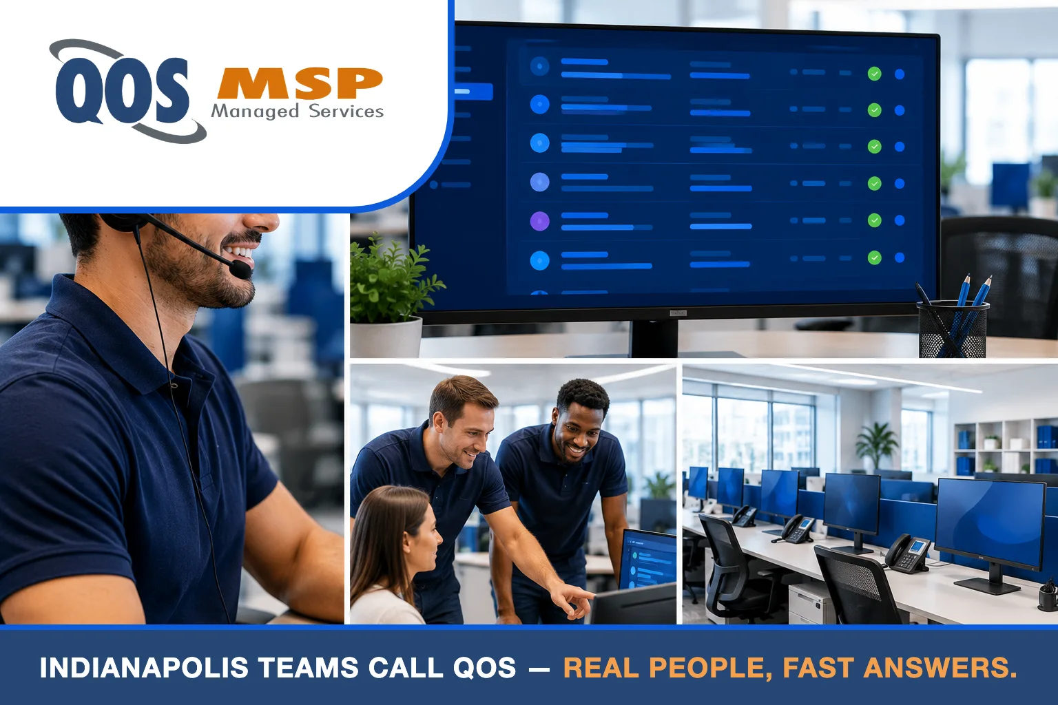 Photo grid of QOS help desk support technicians assisting employees