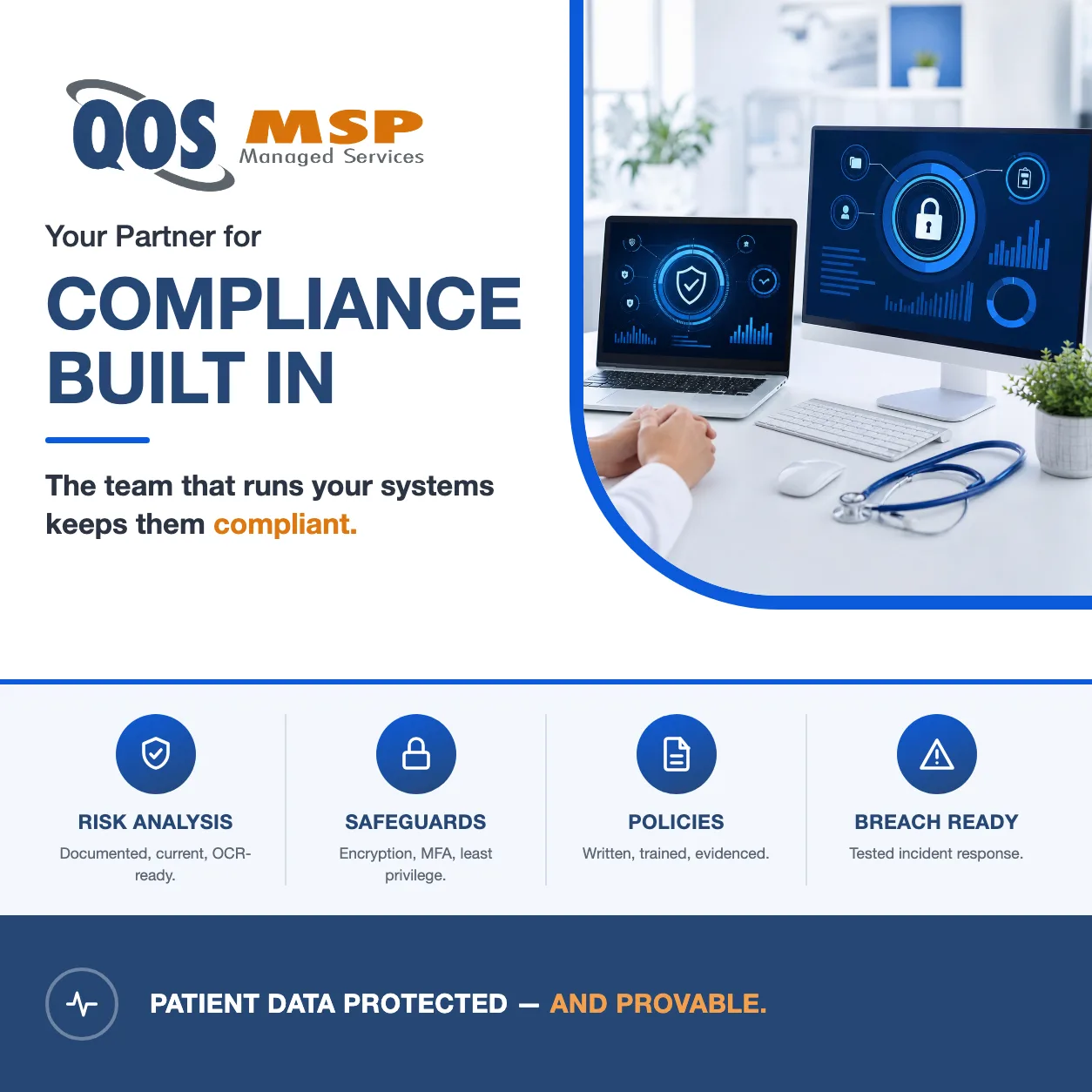 HIPAA compliance built into managed IT — risk analysis, safeguards, breach response