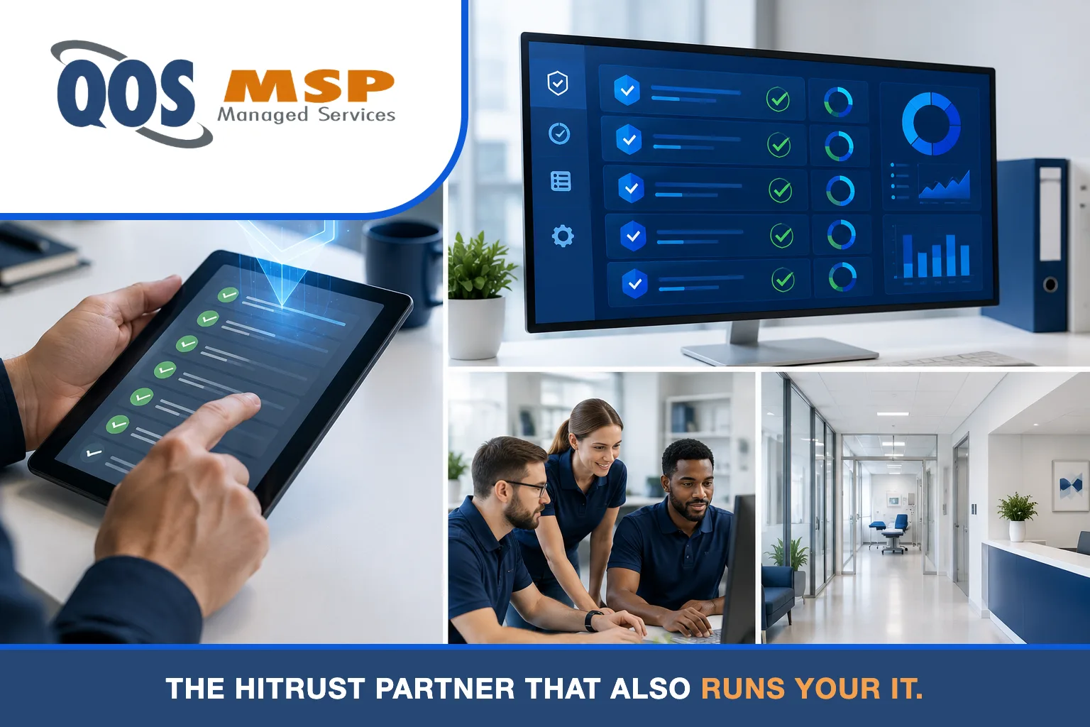 HITRUST compliance collage — checklist tablet, control dashboard, team, and clinic