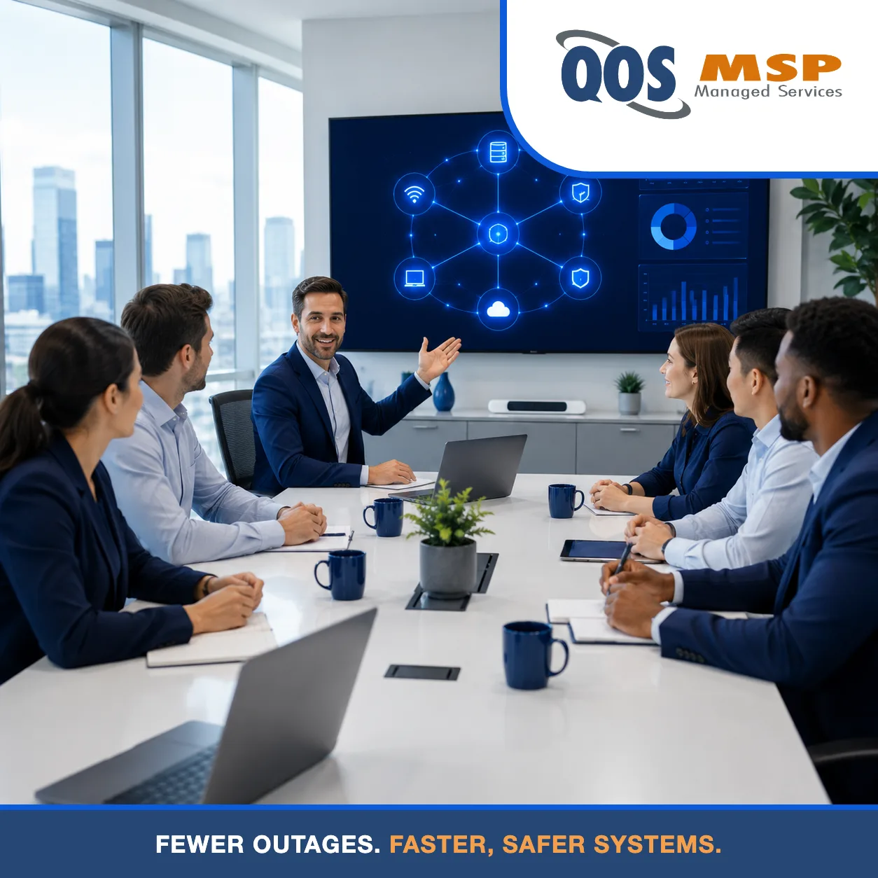 Executive team reviewing network infrastructure dashboards in a conference room with a city view