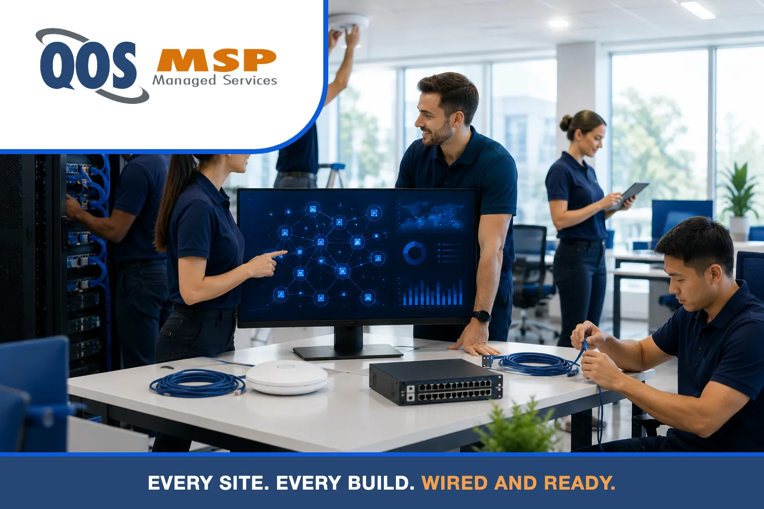 IT team in navy polos installing a wireless access point and managing network cabling and switches in a modern office