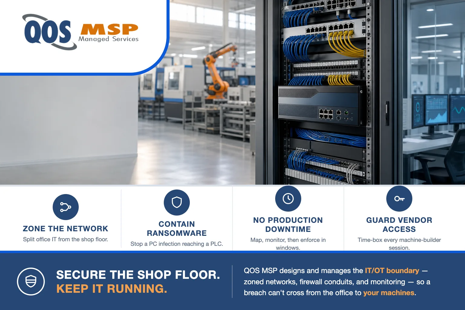 IT/OT network segmentation on a manufacturing floor — a network cabinet and industrial firewall with clean cable runs beside a CNC and robotic line, an office glass wall separating the two worlds