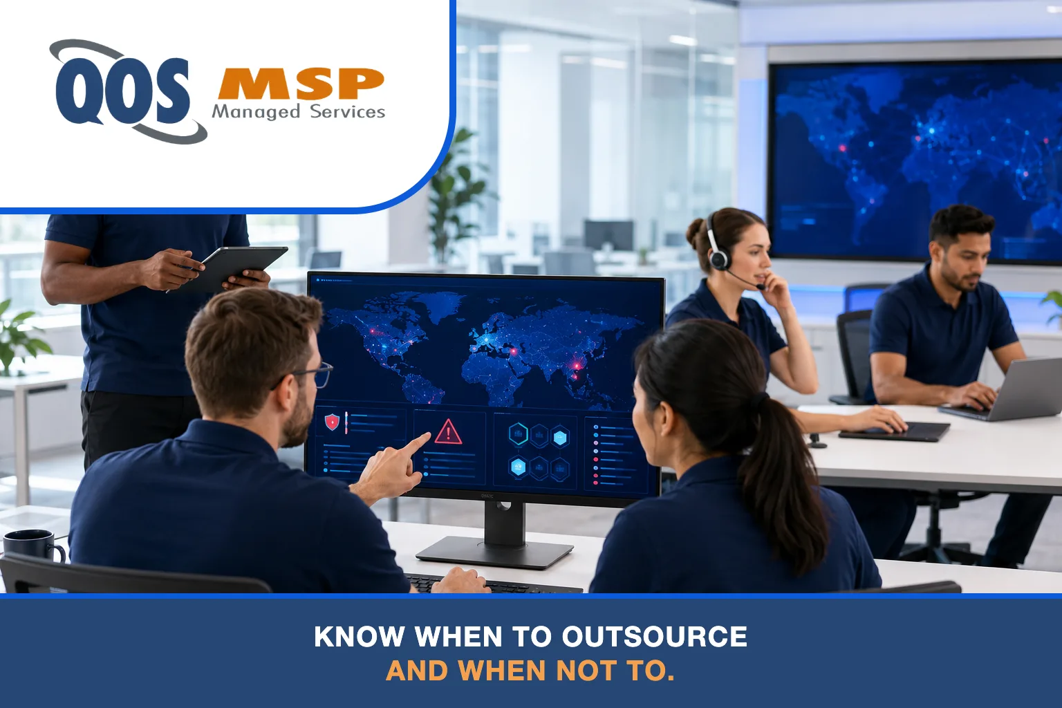 IT security team in navy polos monitoring a threat-map dashboard and responding to alerts
