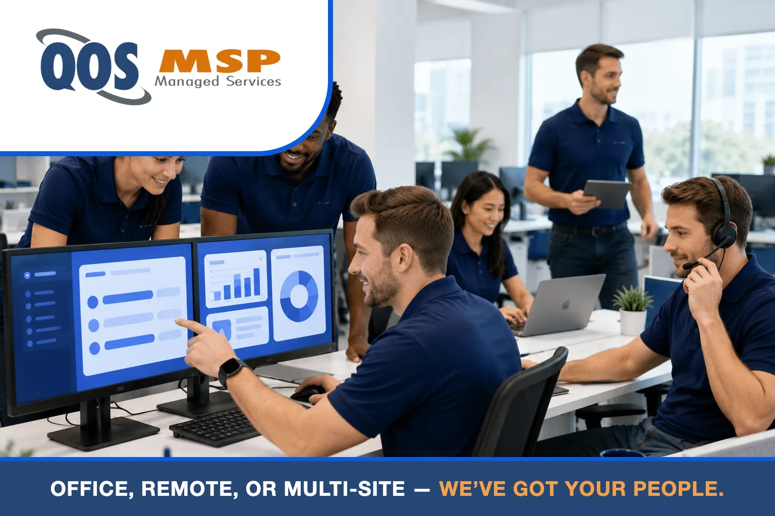 Five QOS MSP IT professionals supporting users in a bright office