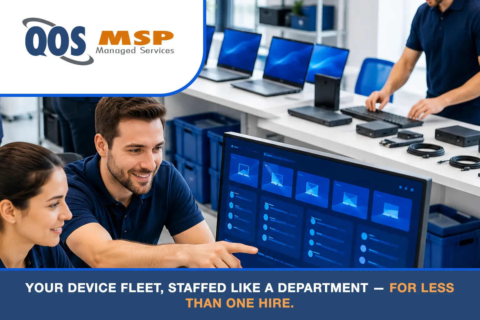 IT team in navy polos imaging new PCs and staging peripherals with a device-fleet dashboard on screen