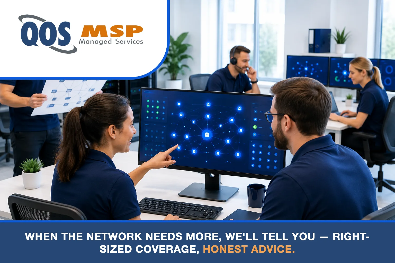 IT team in navy polos reviewing a network map and rack diagram