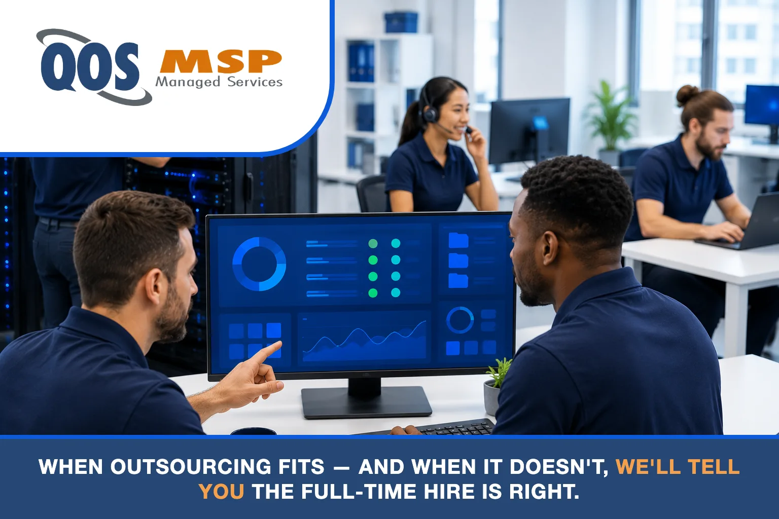 IT team in navy polos monitoring a systems dashboard and reviewing a server rack