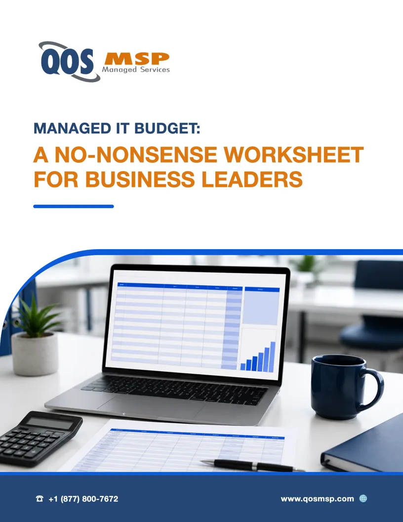 Cover of the QOS MSP Managed IT Budget Worksheet: laptop showing a blank ledger spreadsheet beside a printed balance sheet and calculator