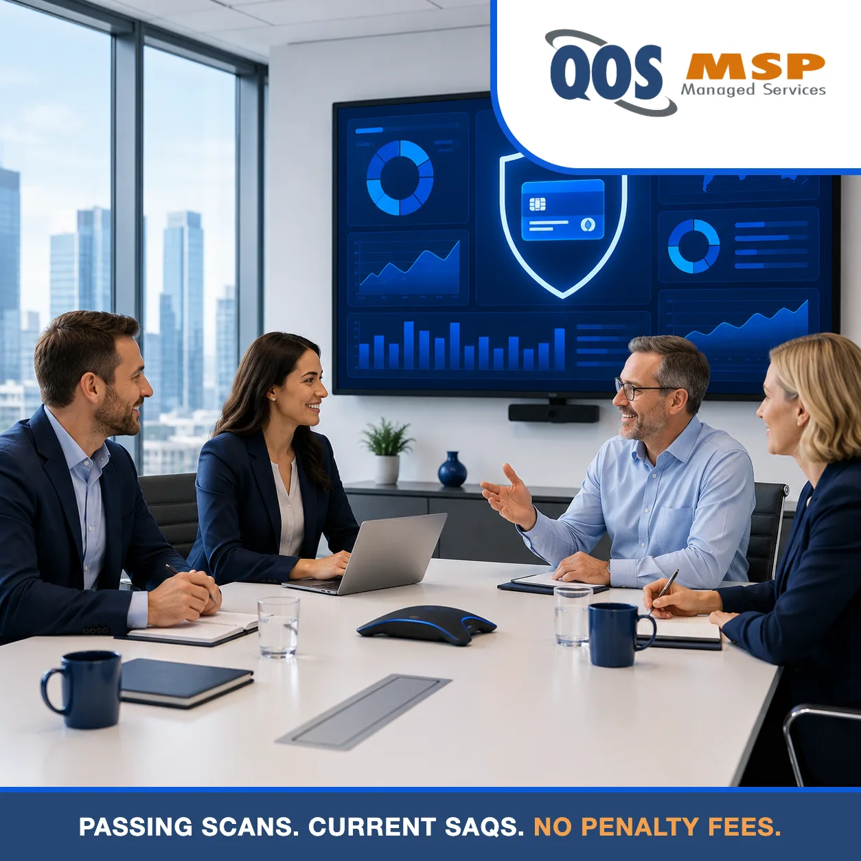 Business leaders reviewing PCI DSS compliance results on a wall dashboard