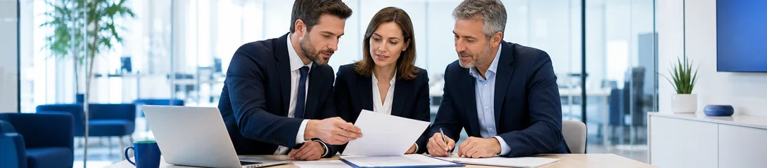 Business team reviewing compliance documentation in a meeting room