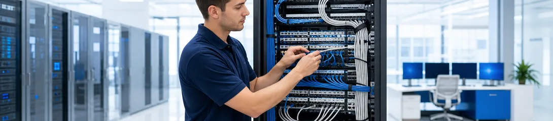 Network technician patching structured cabling in a clean server room