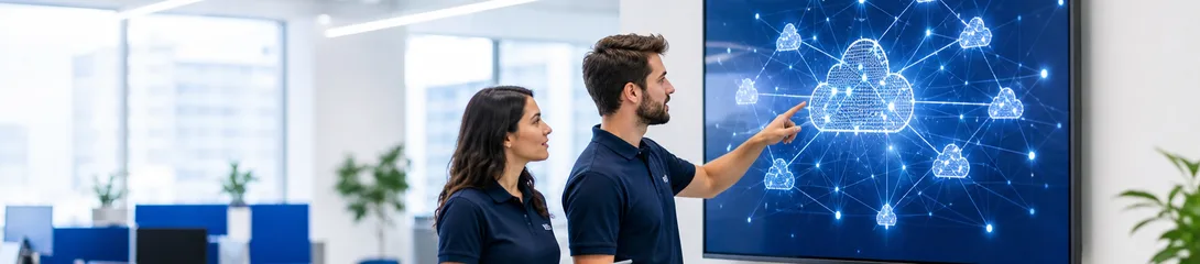 Two IT professionals reviewing a cloud architecture diagram on a wall display