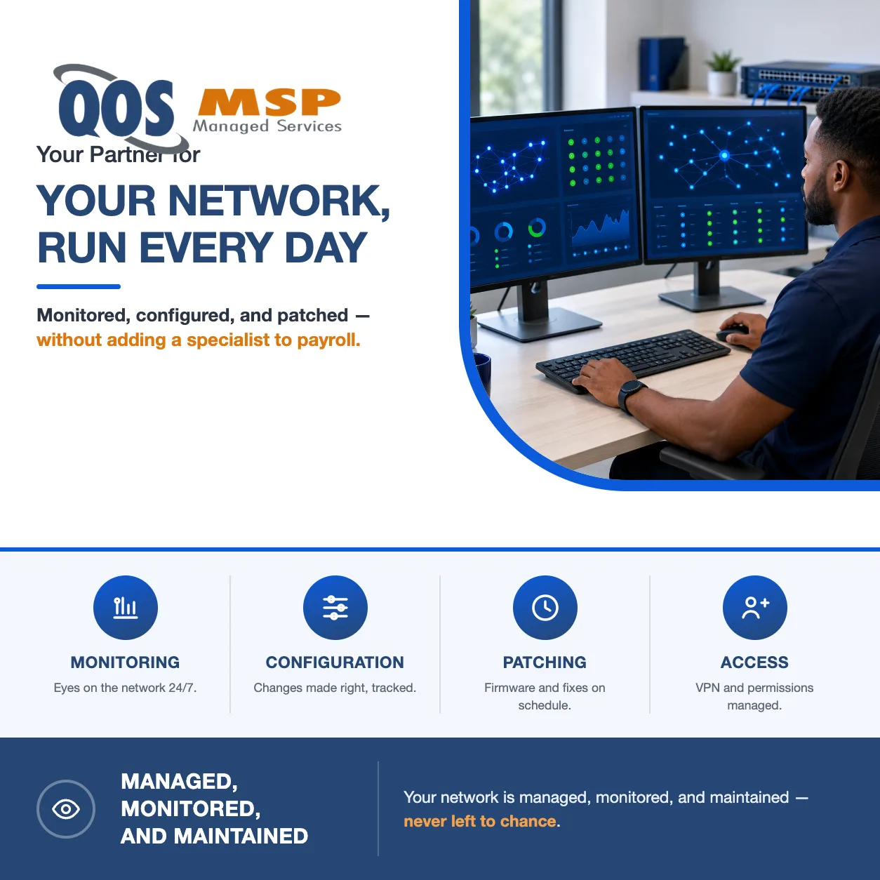 Network administrator monitoring a network-health dashboard on dual monitors