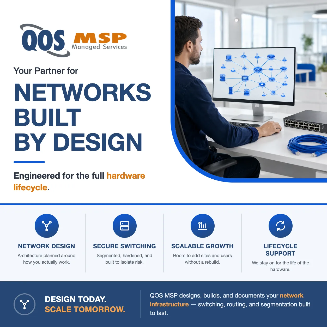 Network engineer reviewing a topology diagram with a business switch on the desk — network design and architecture by QOS MSP.