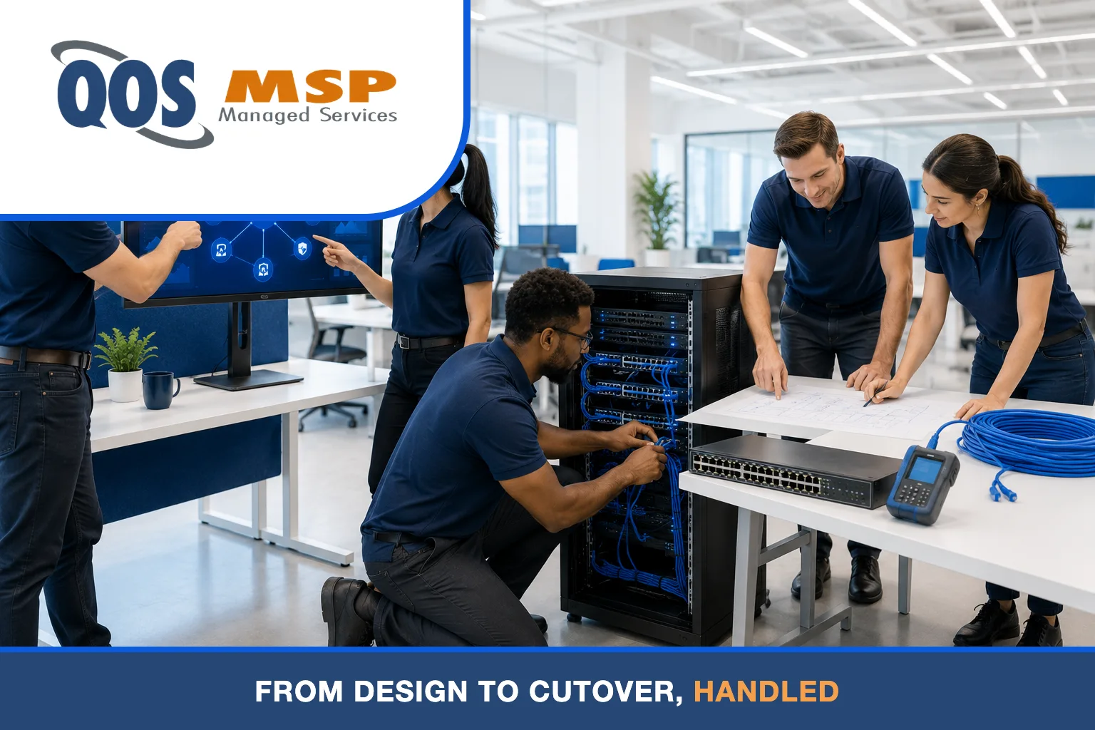 IT team running a network cutover — connecting a switch rack and reviewing topology and diagrams during a network rebuild.
