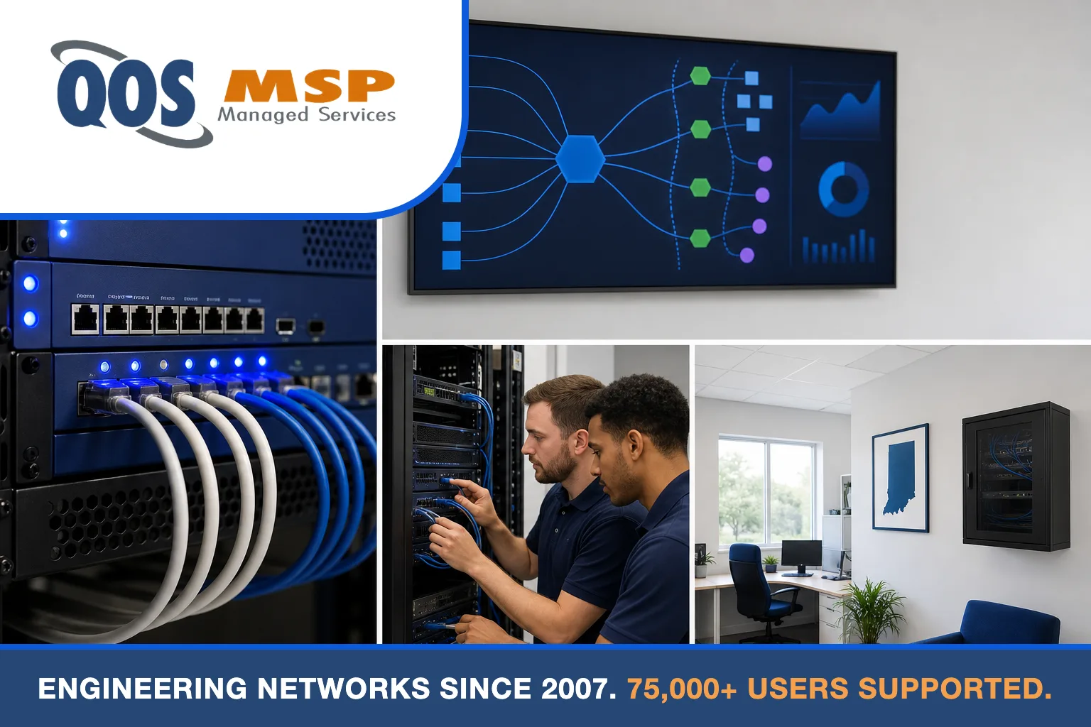 QOS MSP engineers working on business firewall and network security hardware in Indiana