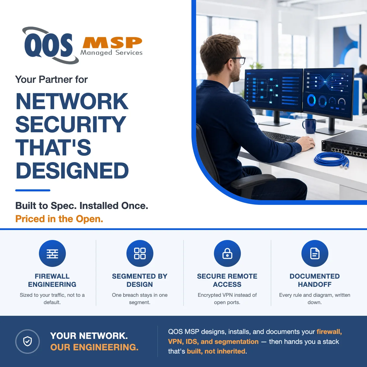 Network engineer reviewing firewall rules and traffic flow for a designed security stack
