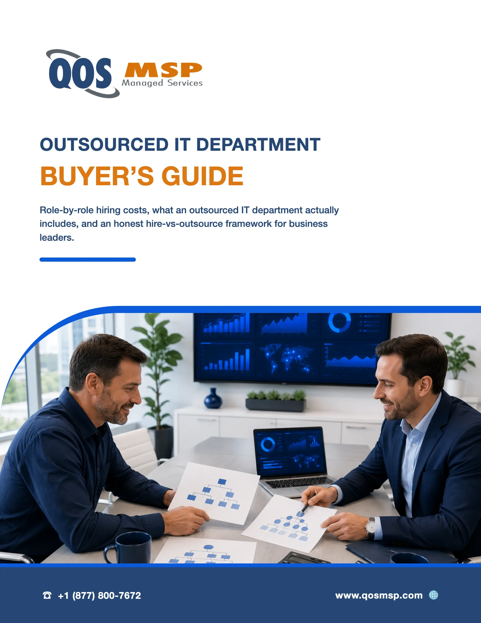 Cover of the Outsourced IT Department Buyer's Guide showing two professionals reviewing an org chart