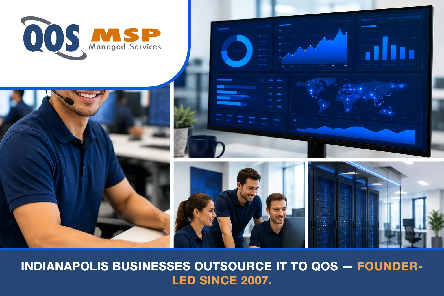 Photo grid of QOS IT team members supporting help desk, network, and server operations