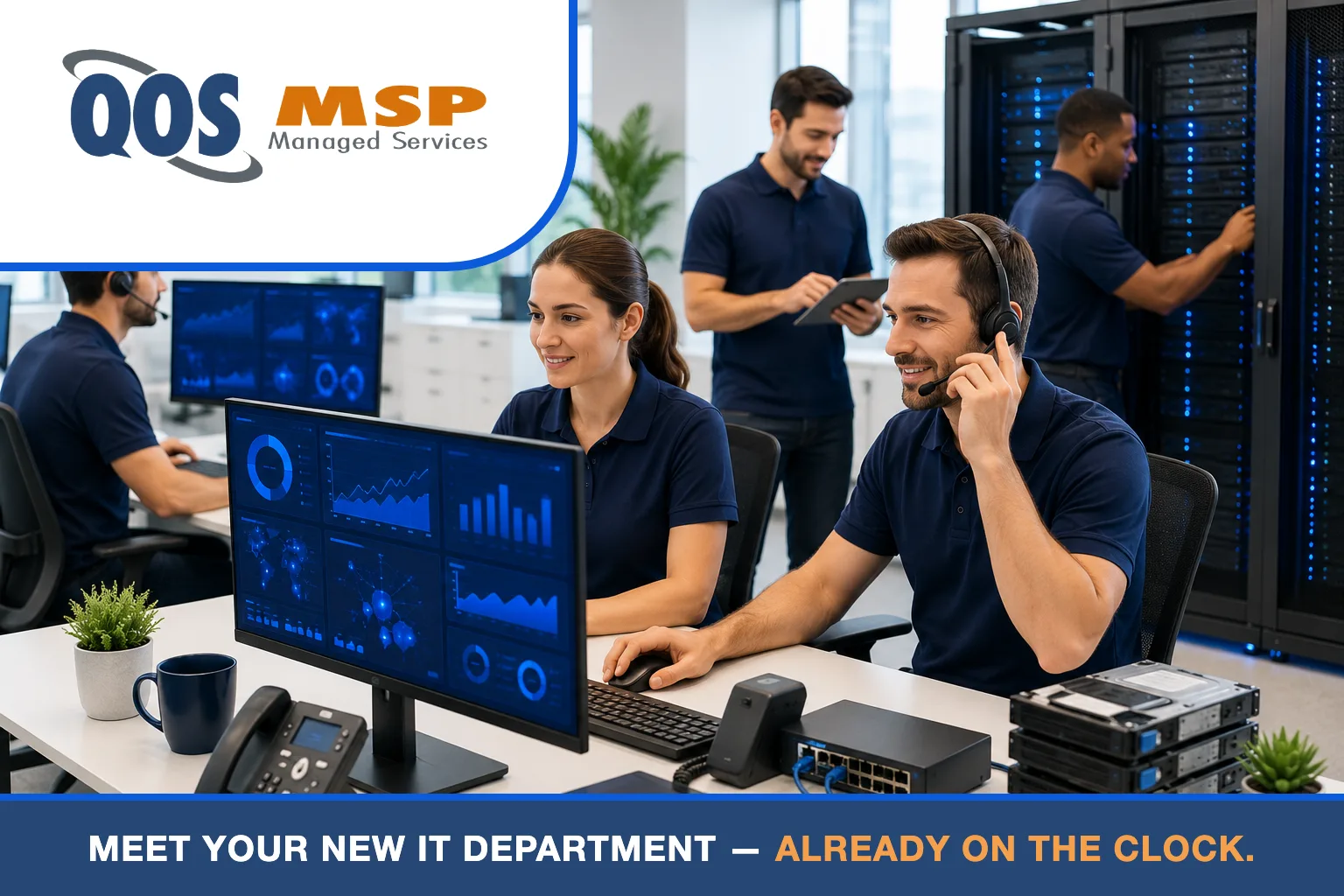 Team of IT professionals in navy polo shirts monitoring dashboards and servers