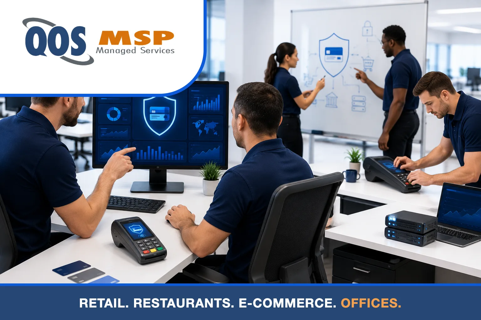 QOS MSP technicians securing payment systems and card terminals in a modern office