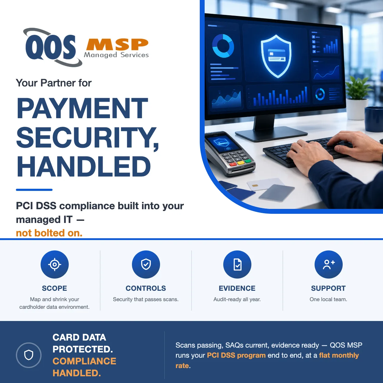 QOS MSP payment security flyer - PCI DSS compliance built into managed IT