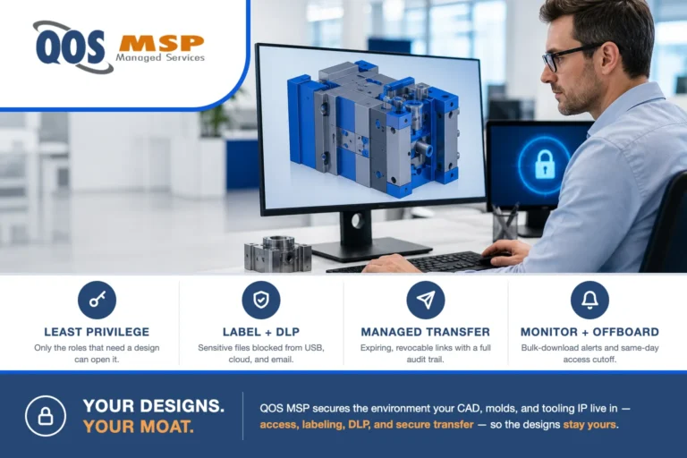 How to protect CAD files and engineering IP — a manufacturing engineer at a CAD workstation reviewing a 3D mold and tooling model, with a subtle access-control lock motif on a second screen