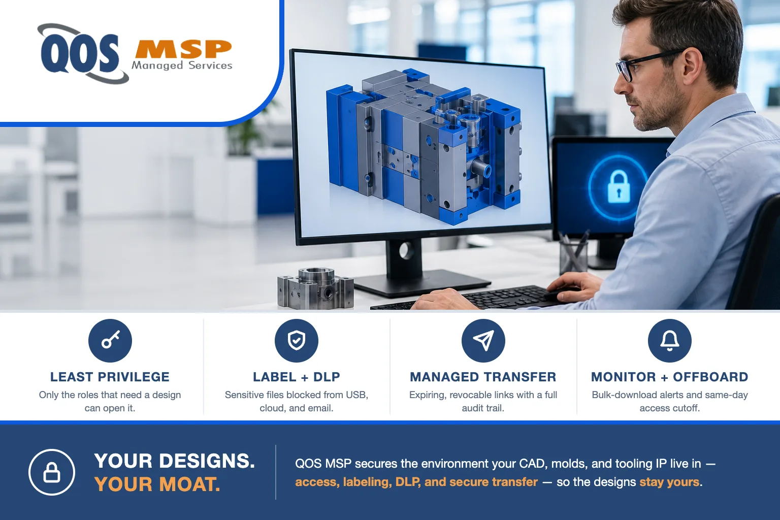 How to protect CAD files and engineering IP — a manufacturing engineer at a CAD workstation reviewing a 3D mold and tooling model, with a subtle access-control lock motif on a second screen