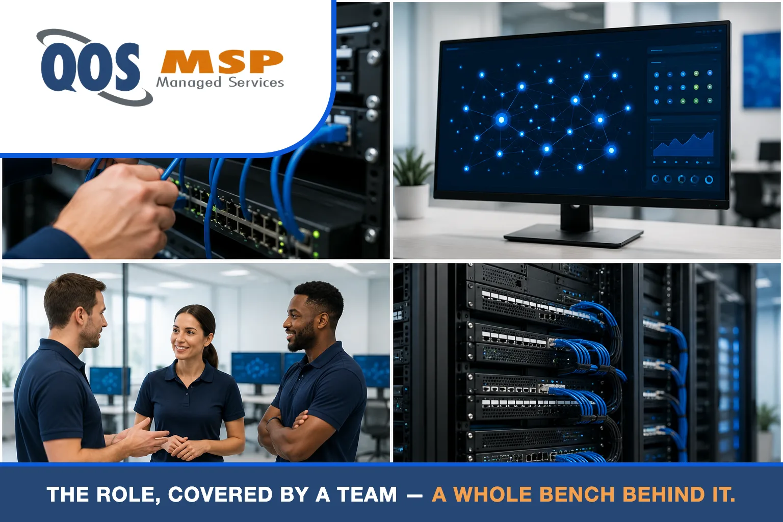Four scenes of QOS MSP network administration: console work, a monitoring map, an IT team in navy polos, and a network rack